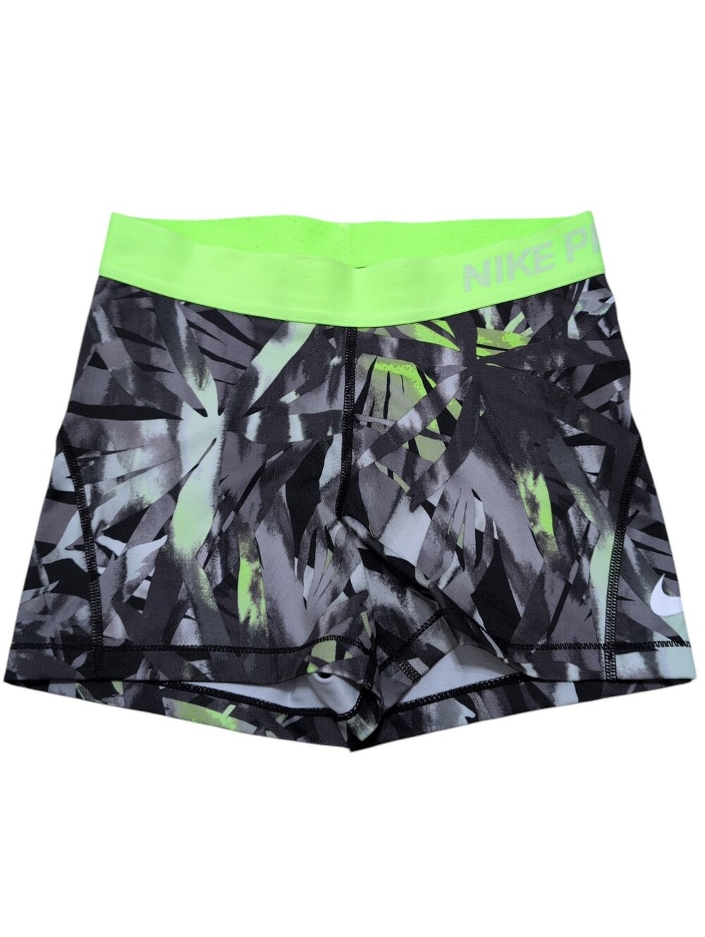 Nike Pro Dri-FIT Shorts size Small Neon Green Grey Palm Print Athletic Training